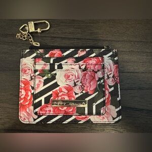 Betsy Johnson black white Pink Floral Card Holder with Keychain